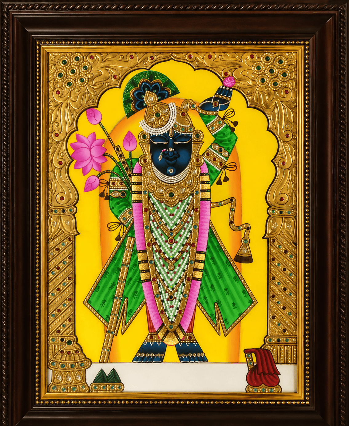 Shrinathji Tanjore Painting with Gold Foil and Lotus — Handmade by Nathdwara Artisans